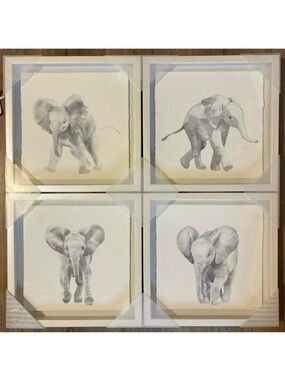 Marmont Hill Baby Elephant Framed Wall Art Set of 4 NWT 11x11 Nursery Decor